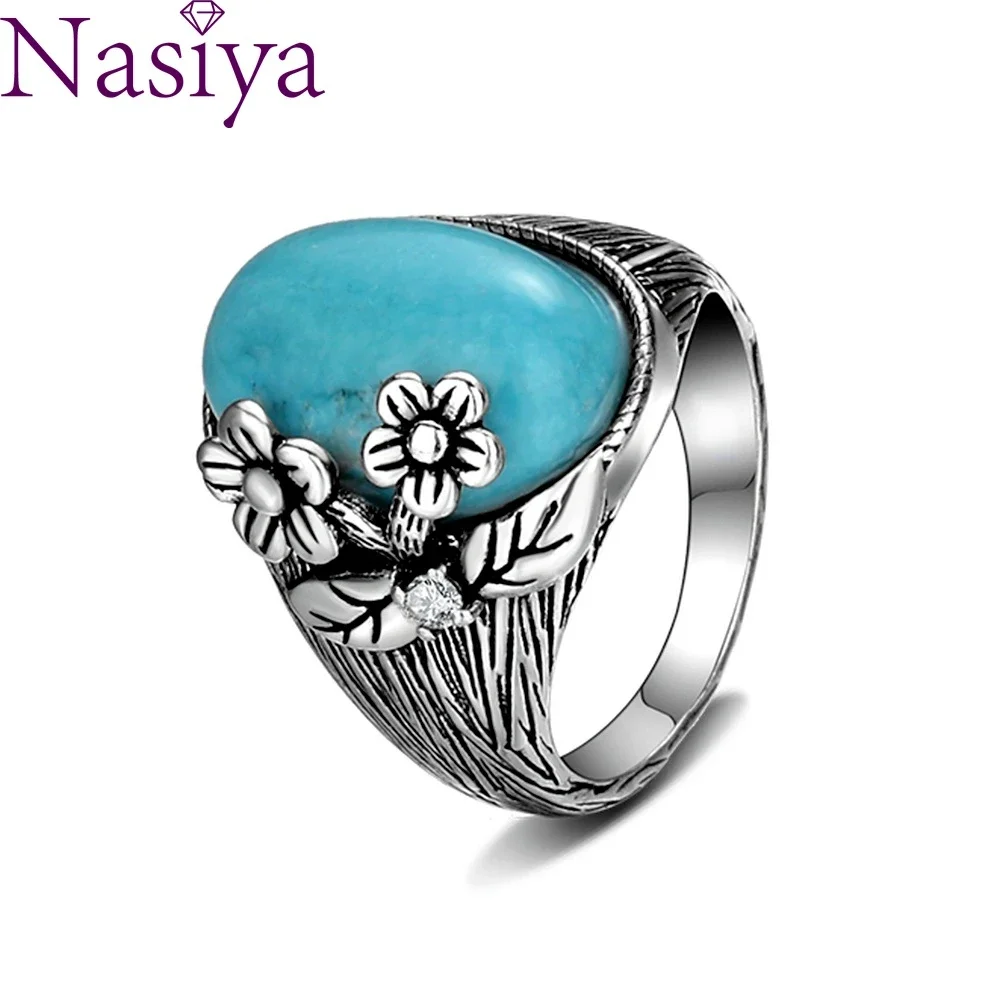 11*17MM Natural Turquoise Moonstone Ring S925 Sterling Silver Rings for Women Gift Retro Flower Fine Jewelry Wholesale