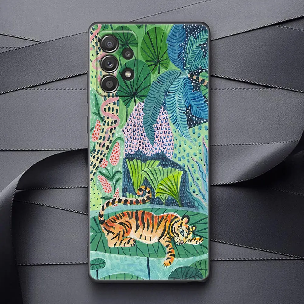 Original Jungle Animal Black Case For Samsung Galaxy A52 A73 A53 A72 A71 A51 A54 Note 20 Ultra 9 8 Cover Sloth Leopard Art Print