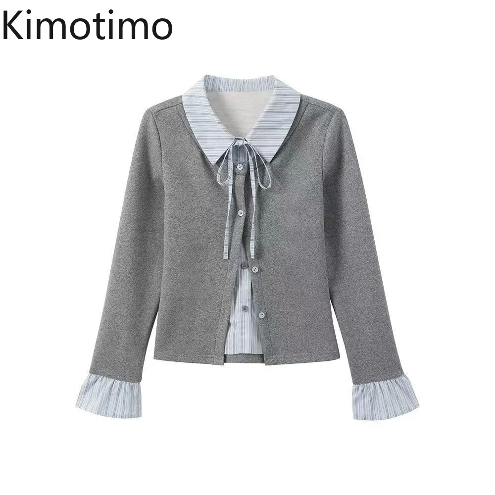 Kimotimo Women Fake Two Piece Long Sleeve Shirt Stripe Patchwork Lapel Bow Tie Button Up Tops Autumn Sweet Y2k Slim Fit Blouse