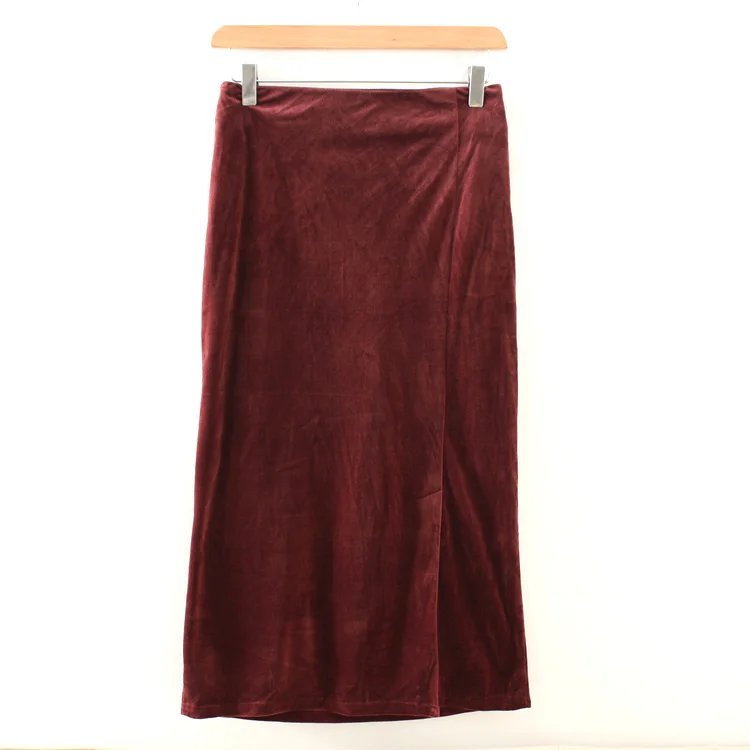 

New Japanese Style Rear Elastic High Waisted Slim Women's Front Slit Style Golden Velvet Skirt