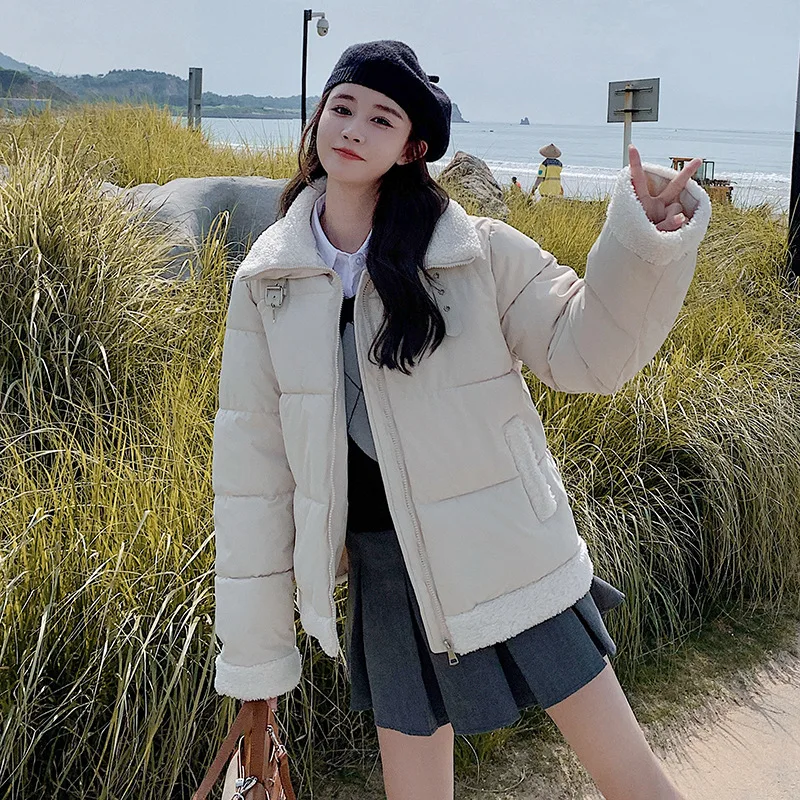 2025 Winter New Lamb Feather Down Cotton Jacket Cotton Clothing Women's Short Lapel Bread Jacket