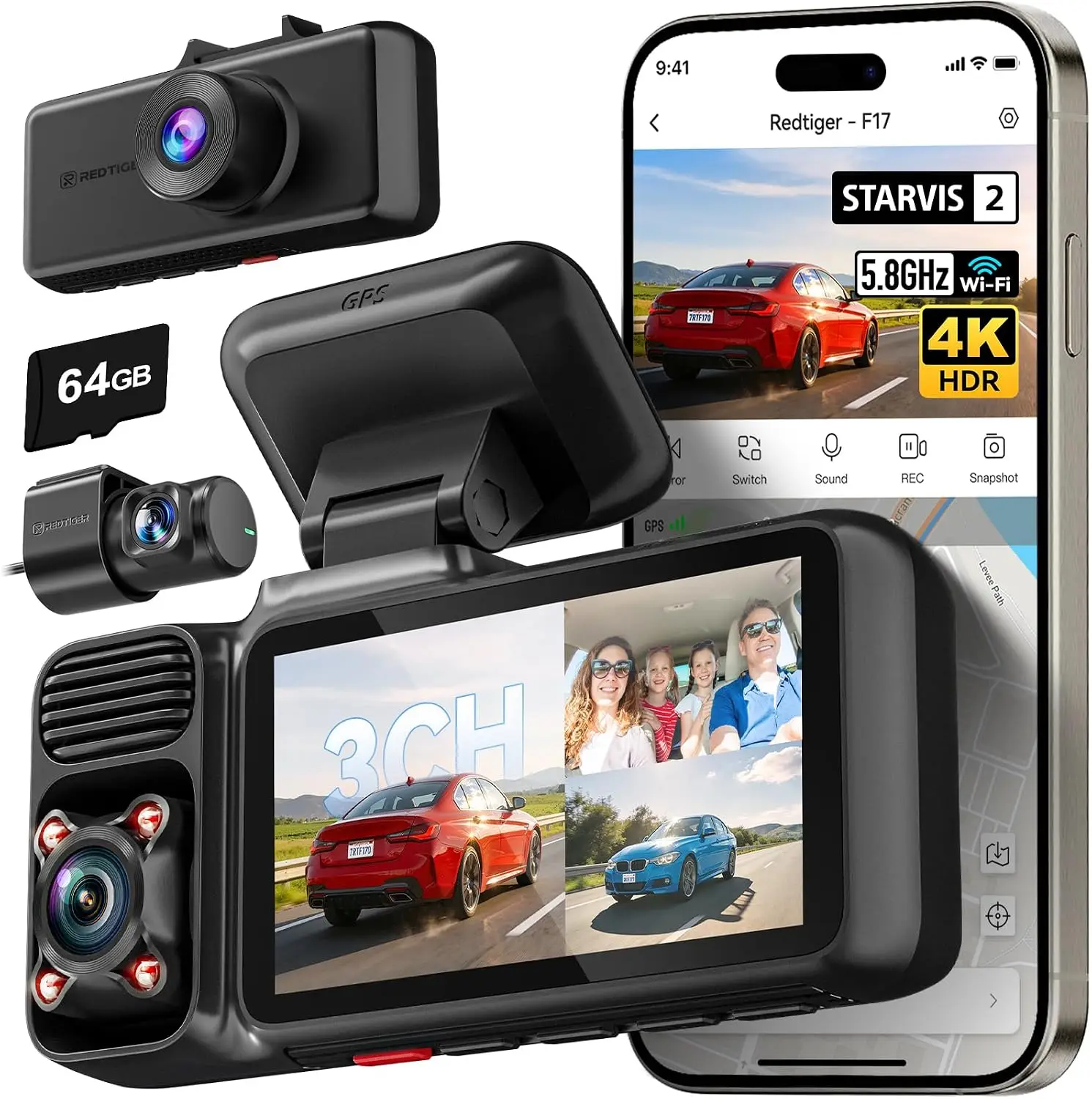4K 3CH Dash Cam STARVIS 2 Sensor HDR 64GB Card 5.8GHz WiFi 2160P Front 1080P Inside Rear 4 IR Night Vision G Sensor GPS Tracking