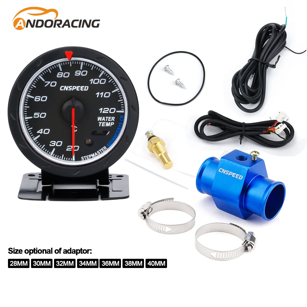 

CNSPEED 60MM Temperature Gauge 20--120 C Water Temp Meter Red & White Lighting Car Water with sensor adapter