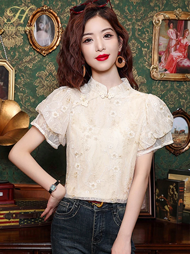 H Han Queen Summer Simple Elegant Embroidery Lace Blouses Womens Korean Loose Casual Vintage Short Sleeve Shirts OL Office Tops