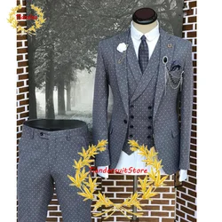 Pak Voor Mannen Bruidegom Smoking Drie Stuk Gespikkelde Formele Party Dress (Blazer Broek Vest) Mannelijke Jas Set