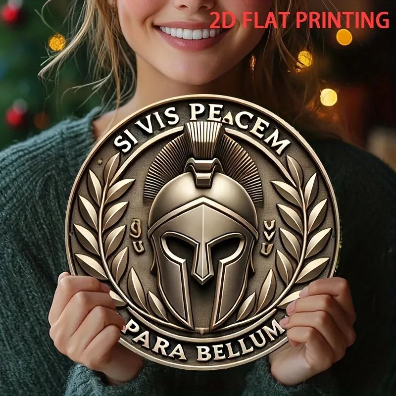 Si Vis Pacem Para Bellum Spartan Helmet Round Metal Tin Sign 2D Flat Printing Retro Military Wall Plaque for Man Cave Home Decor