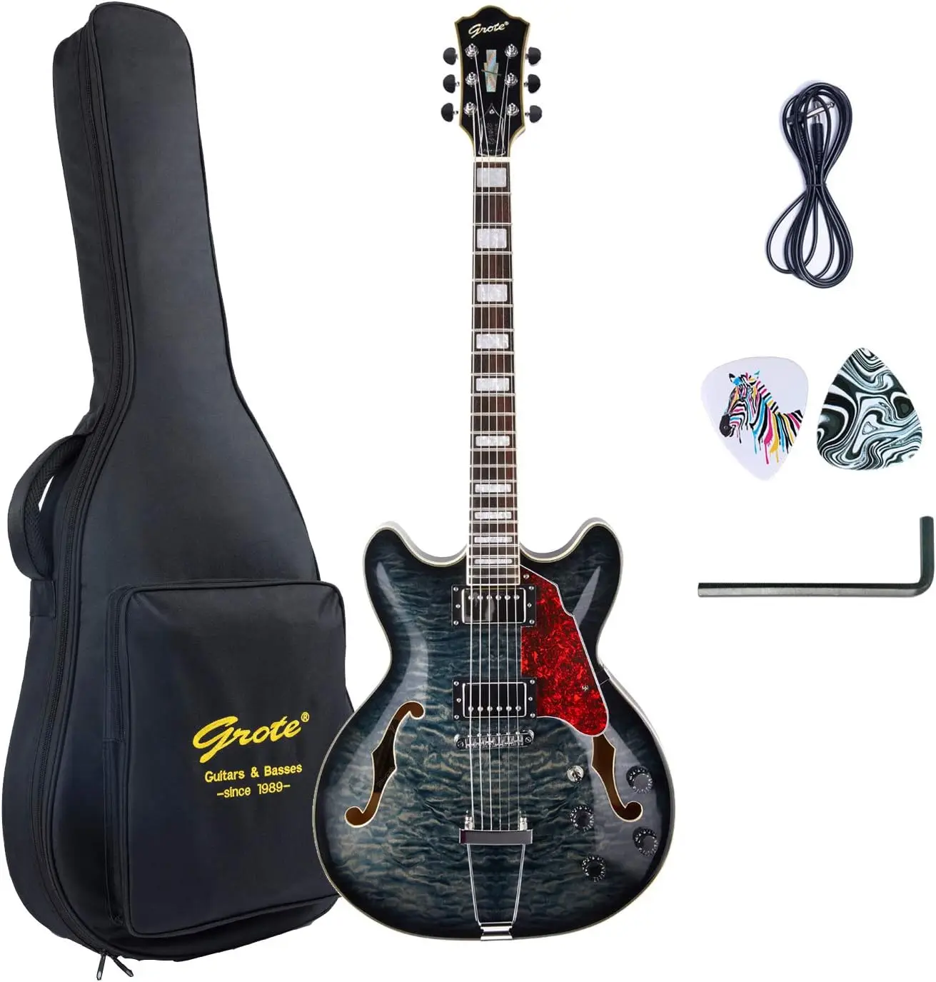 

GROTE Jazz Electric Guitar Water Ripple Semi-Hollow Body Trapeze Tailpiece Guitar Bag (Black) Electroacoustic Guitar