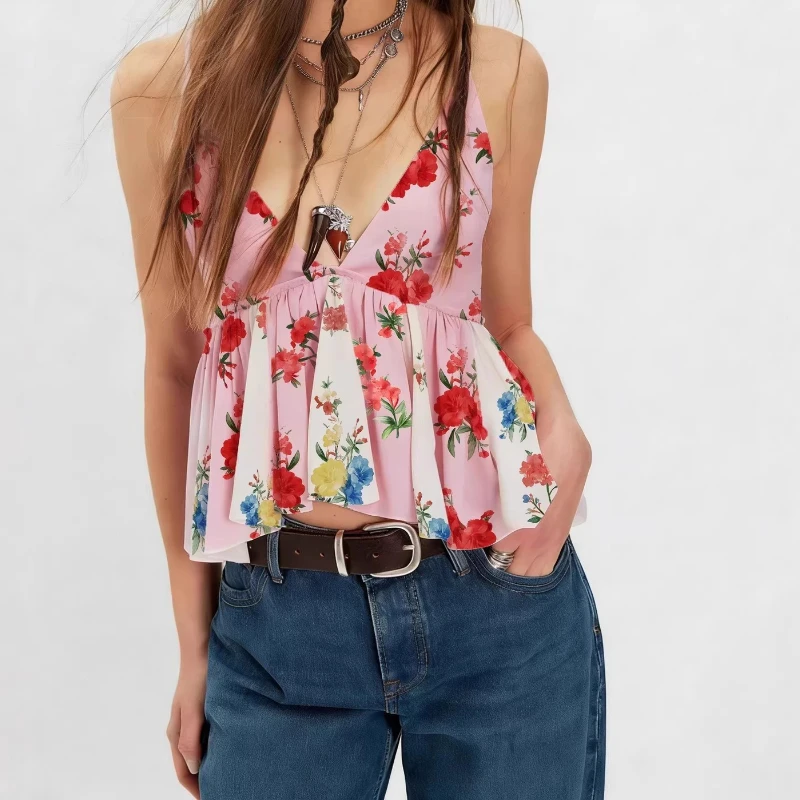 

European and American Sexy Hot Girls Printed Tops Summer New Flower Cross-border Retro Vest Suspenders Women's Clothing
