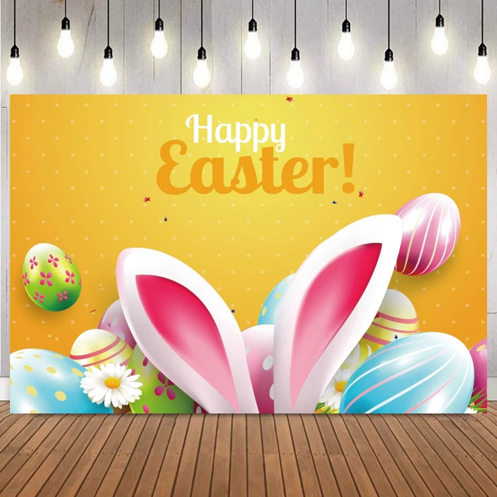 Happy Easter Yellow Photo Backdrop Colorful Eggs Bunny Floral Cartoon cookies Baby Shower Birthday Party Home Decor Background
