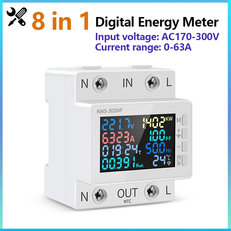 8 in 1 Digital Energy Meter Tester Rail Electricity Usage Monitor AC 170V~270V 63A Power Voltmeter Voltage Amps Watt Kwh Meter