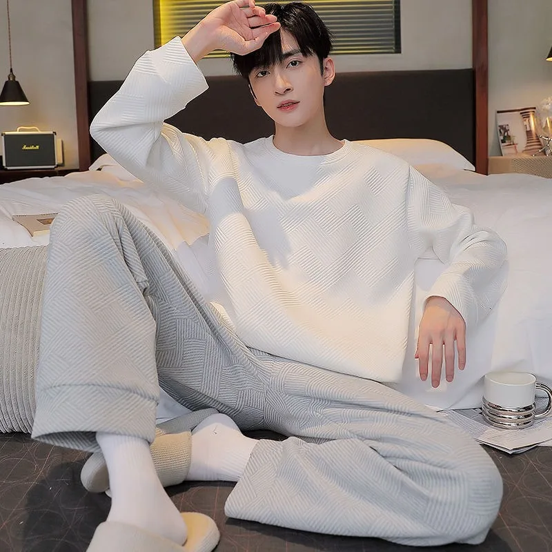 

Intensification Pure Cotton Pajamas Gentleman Autumn and Winter Loungewear Extra Large Winter Loose Air Cotton Sandwich Set