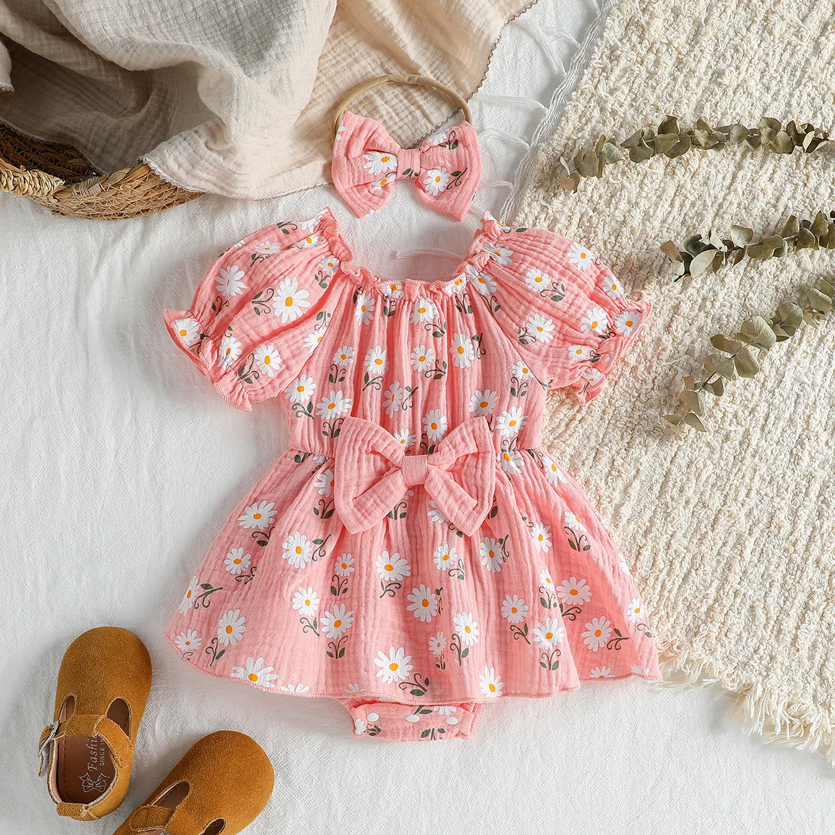 

2Pcs Summer Newborn Soft Cotton Pink Baby Girls Rompers Dress Daisy Print Short Sleeve Jumpsuits Clothes Bodysuits +Headband