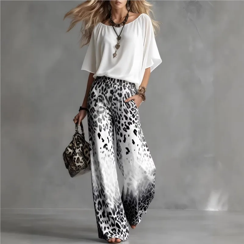 

Summer Fashion Outfits Female Matching Two Piece Set For Women White Bating Sleeve Top + Leopard Print Wide Leg Pant Streetwear