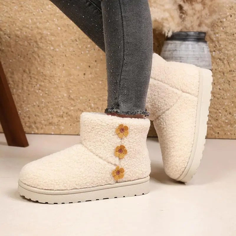Elegant Floral Decoration Snow Boots for Women Lambswool Warm Short Plush Ankle Boots Winter Soft Sole Platform Anti Slip Shoes