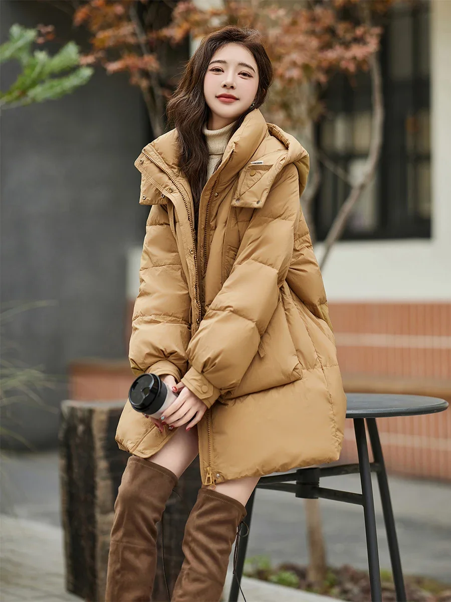 

2024 Winter New Mid-length Down Jacket Women White Duck Down Hooded Thickened Warm Puffer Jacket Loose Leisure Stand Collar Coat