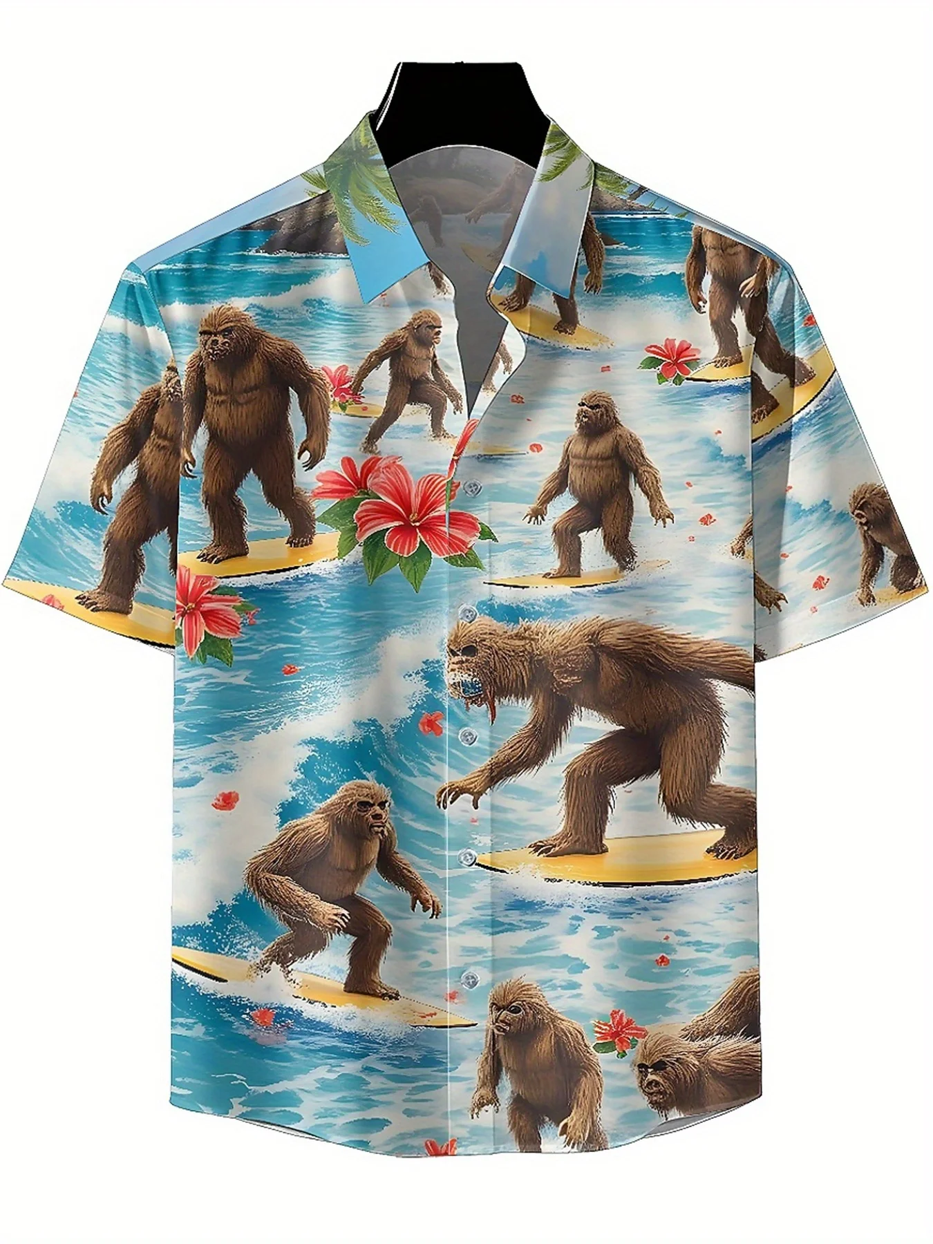 Men's Plus Size Hawaiian Shirts Sasquatch Tropical Surfing Adventure pattern,Premium Comfort Youth Clothes,Streetwear Y2K Tops