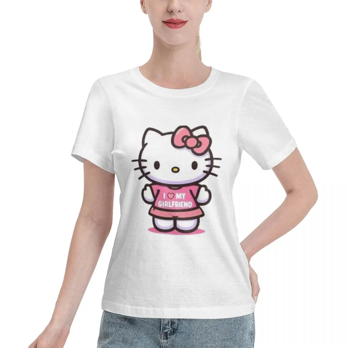 

I Love My Girlfriend Hello Kitty Women's T-shirt, Casual Short Sleeve Cotton Blend Crew Neck Tee, Women's Clothing for Outdoor