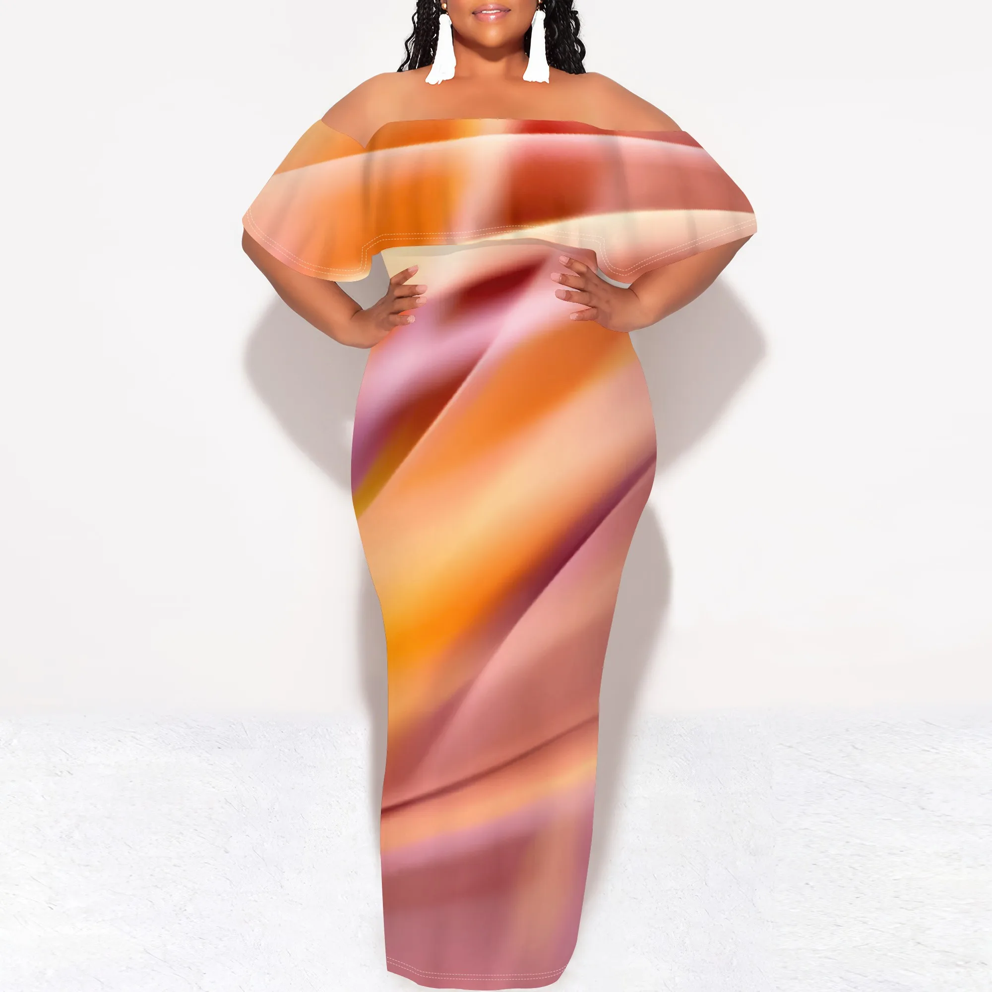 Nupusa Schulterfreies Maxikleid mit Farbverlauf für Damen, elegantes Sommer-Bodycon-langes Kleid, schmale Passform, Party, Clubwear