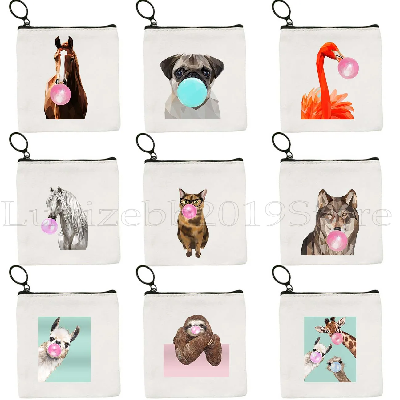 

Cute Animal Pink Bubble Gum Horse Monkey Shark Panda Cat Dog Tiger Sloth Llama Canvas Coin Purse Key Bag Wallet Zipper Pouch