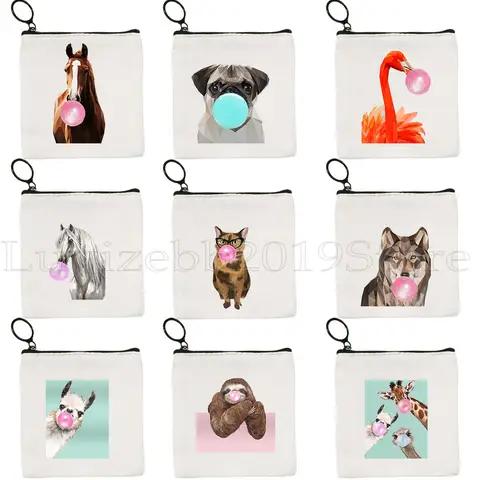 Cute Animal Pink Bubble Gum Horse Monkey Shark Panda Cat Dog Tiger Sloth Llama Canvas Coin Purse Key Bag Wallet Zipper Pouch