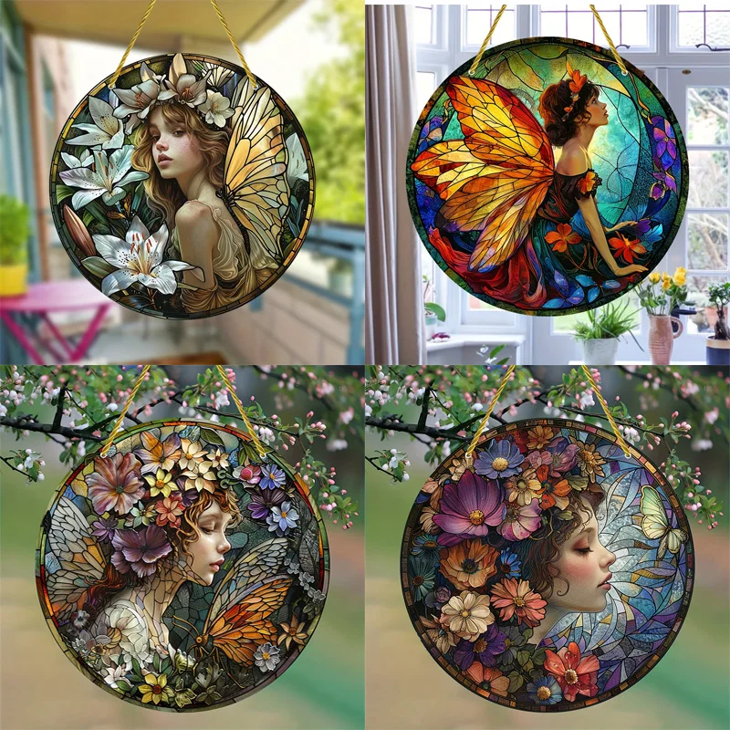 Fairy Angel Colorful Art Flower Suncatcher Stained Window Hanging Round Acrylic Pendant for Home Garden Yard Wall Ornament Decor