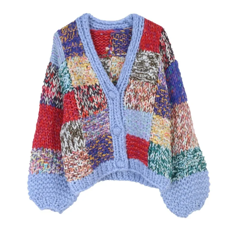 

Colors Block Knitted Cardigan Women V-neck Long Sleeved Sweater Jacket 2025 Loose Casual Contrast Color Lazy Oaf Knitted Tops
