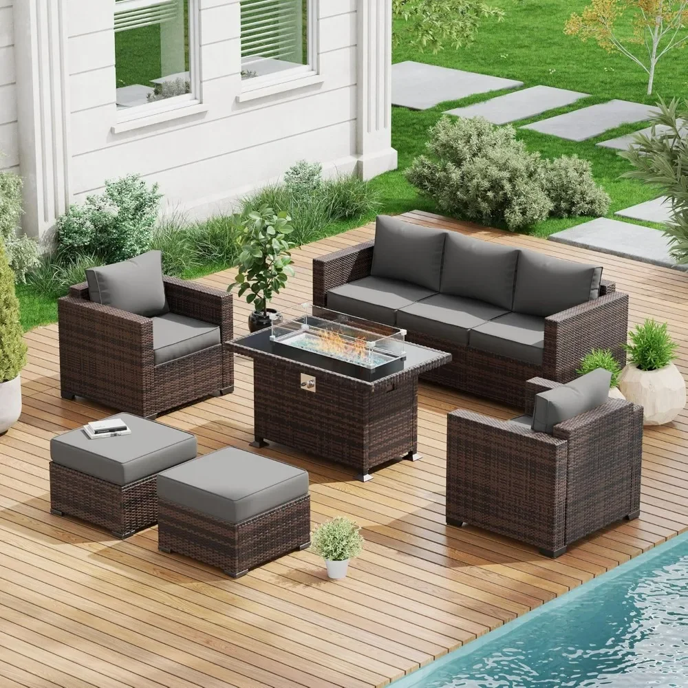 

Outdoor Patio Furniture Sets, 8 Pieces Wicker Patio Furniture, Outdoor Conversation Set with 44" Gas Fire Pit for Outside (Grey)