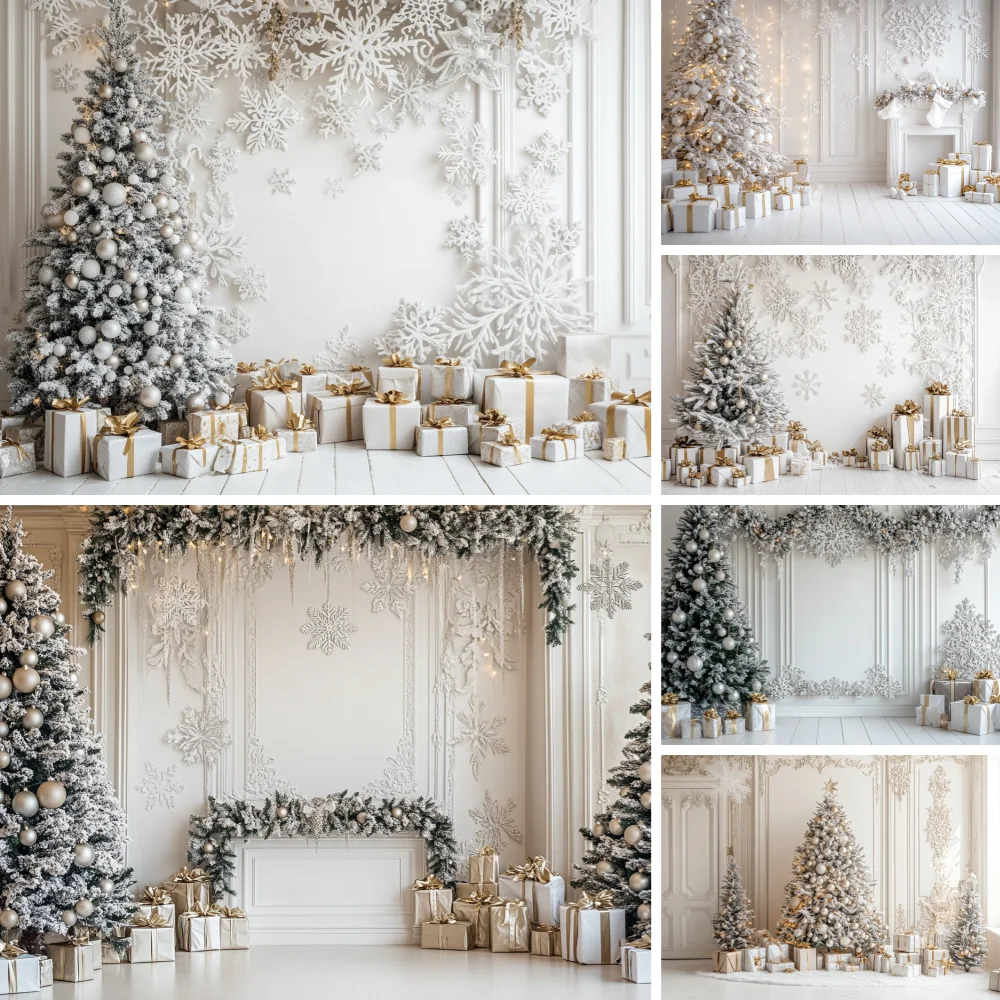 

White Christmas Backgrounds for Photographs Wood Door Wreath Arch Gift Xmas Tree Kids Family Portrait Photography Backdrop