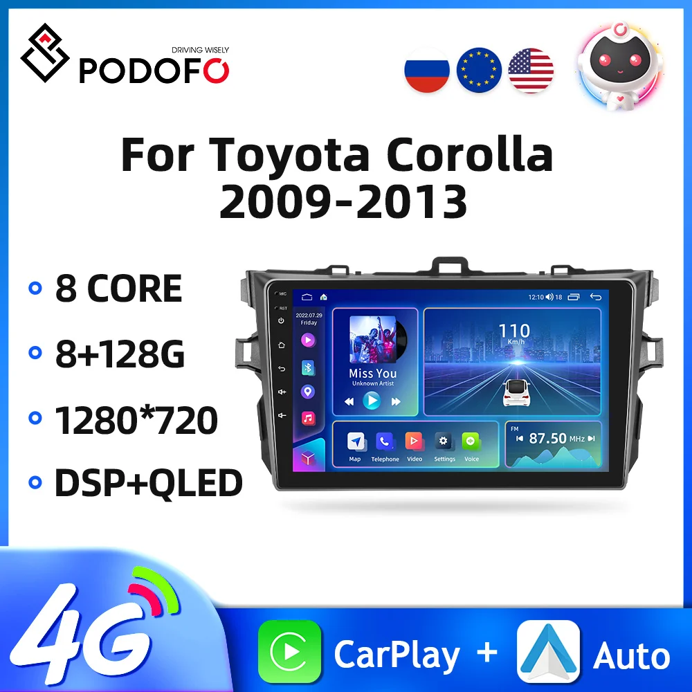 

Podofo 2din Car Radio For Toyota Corolla 2009-2013 Android Auto Stereo Radio Navigation GPS AI Voice 4G WIFI Carplay 8Core DSP