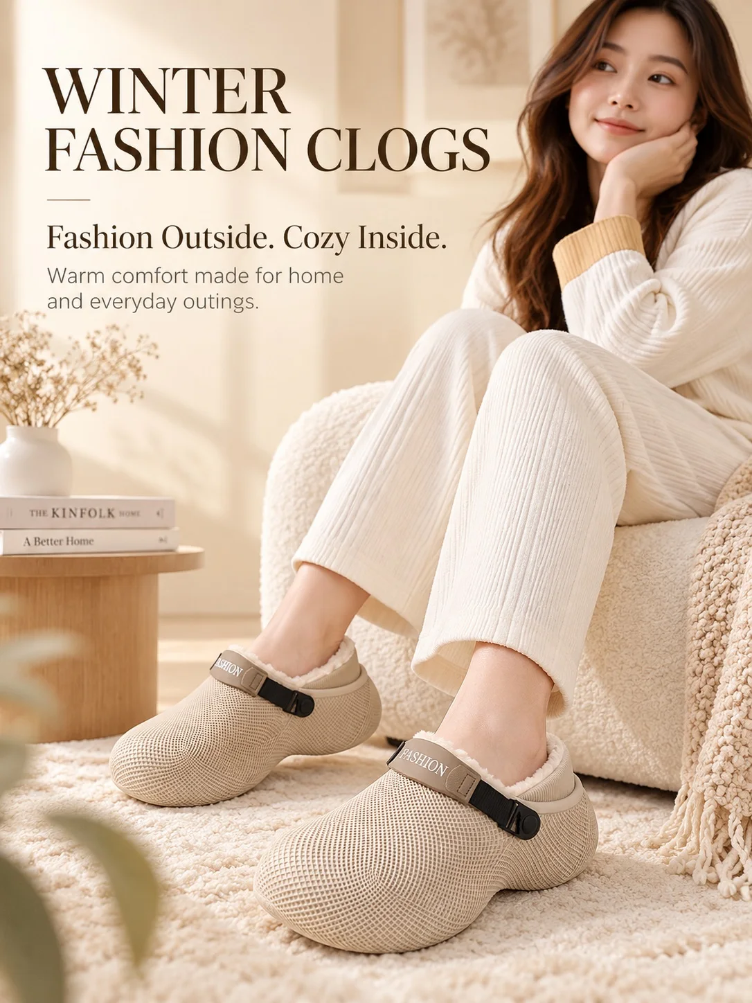 Winterfleece-gefütterte EVA-Clogs für Damen und Herren, 3 cm dicke Sohle, wasserabweisend, für drinnen und draußen, zum Hineinschlüpfen. – Detail 1