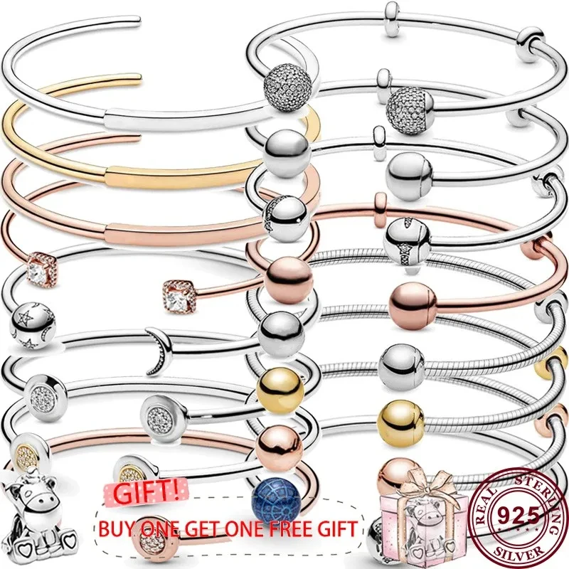 

Hot Selling 925 Silver Classic Sparkling Star Moon Snake Women's Original Open Sign Bracelet Wedding DIY Charm Jewelry