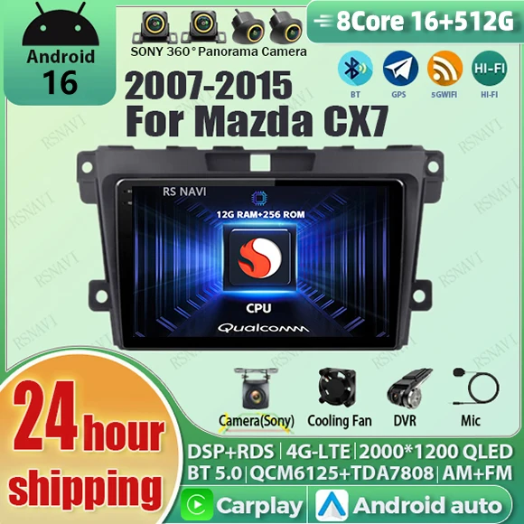 Android 16 wifi+4G Qualcomm 16G - 512G Carplay AUTO Car Radio For MAZDA CX-7 CX7 CX 7 2008 - 2015 GPS Video Player Stereo DSP BT