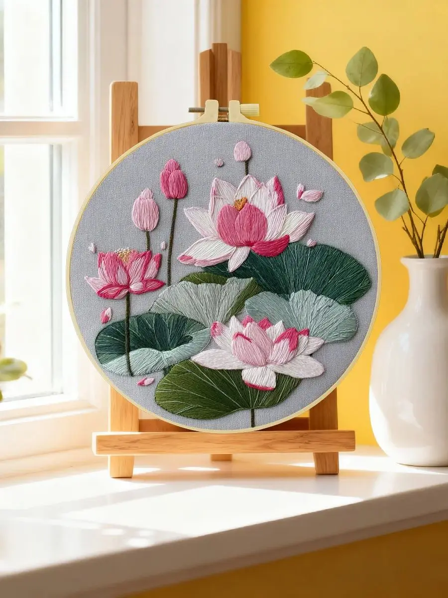 1 Stück 20X20CM/15X15CM 7,87/6,3 Zoll Lotus-Stickerei-Starter-Kit DIY-Kit DIY-Stickerei-Set Handarbeiten Nadelkunst Malerei – Detail 6