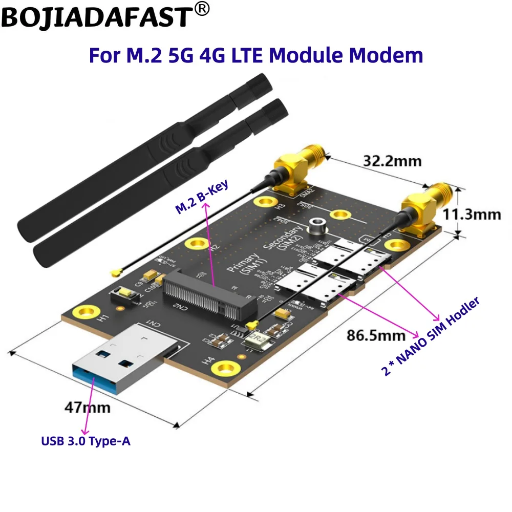 USB 3.0 Type-A Connector to NGFF M.2 B-Key Wireless Adapter With 2 Nano SIM Card Slot Dual Antennas For 5G 4G LTE Module Modem