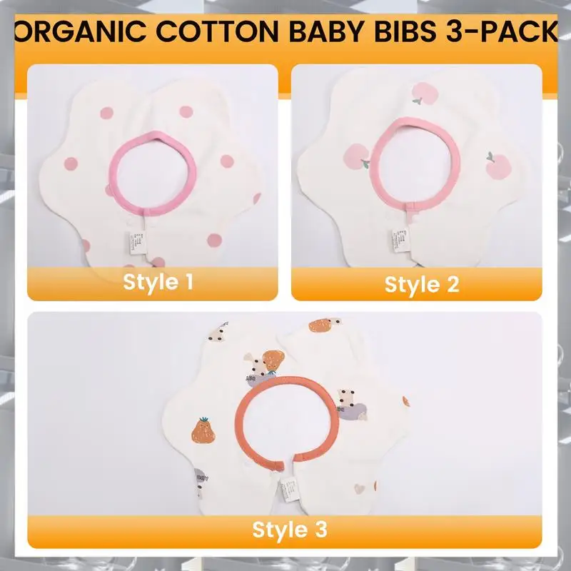 A84F-360 °   Rotare il set da 3 bavaglini in cotone organico, bavaglini in mussola regolabili per la dentizione e la sbavatura, unisex