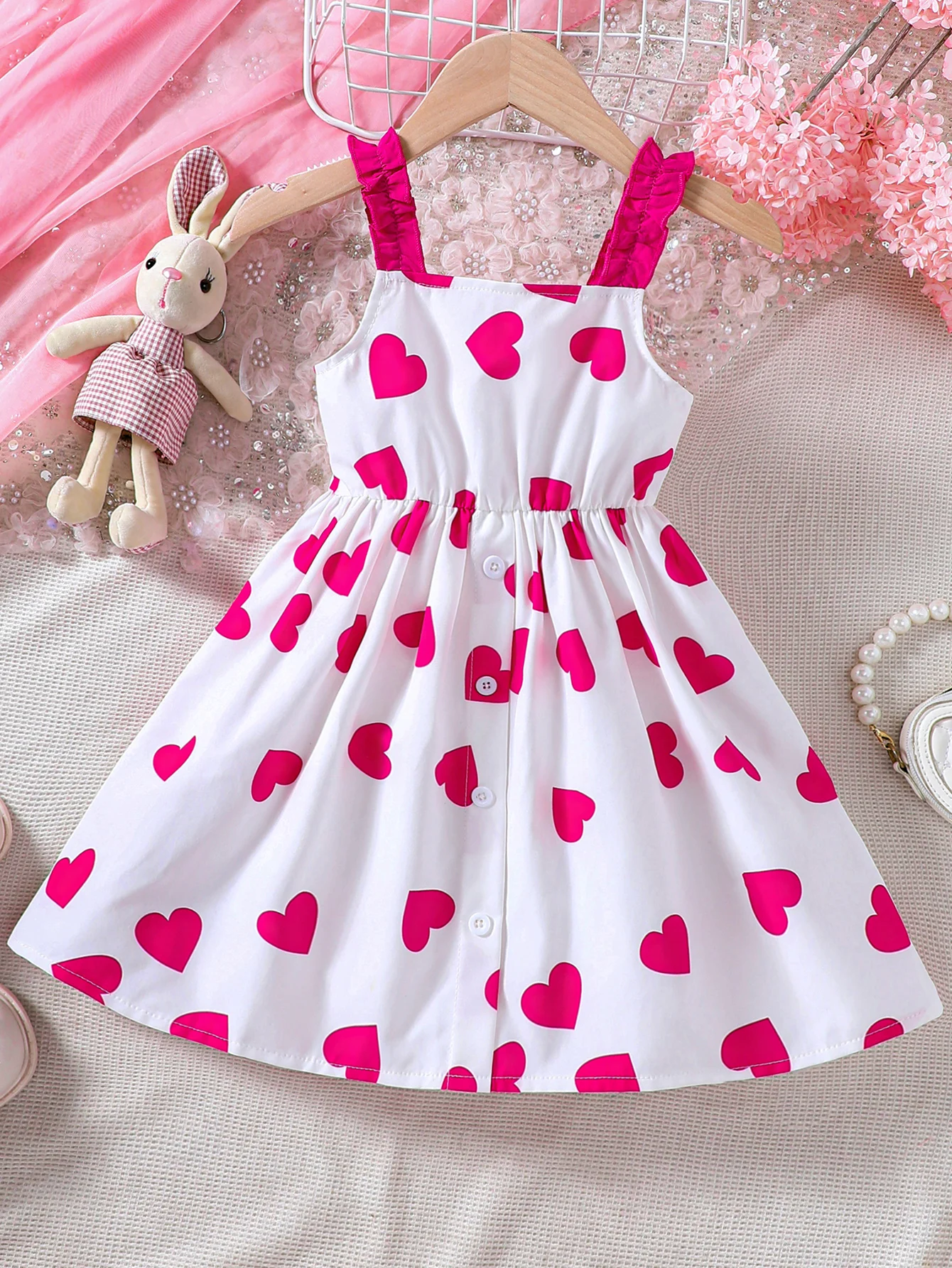 Girls' new summer Valentine's Day rose heart series dress, simple sleeveless shoulder strap sundress