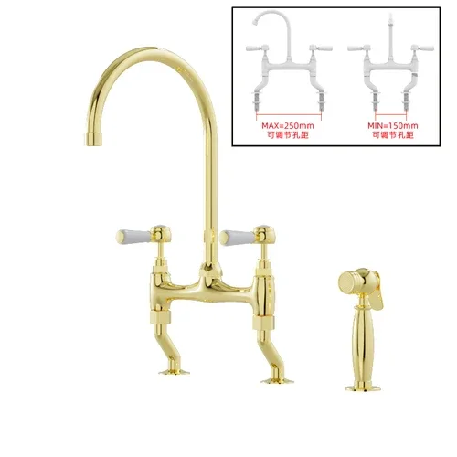 French retro all-copper bridge double-hole double-open kitchen dish basin hot and cold rotatable golden faucet