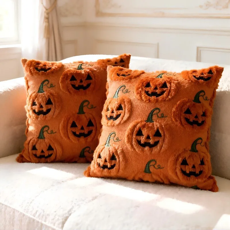 Halloween 3D Bow Pumpkin Plush Cushion Cover Soft Fuzzy Throw Pillow Cover Cute Fall Thanksgiving Pillowcase for Sofa Bedroom