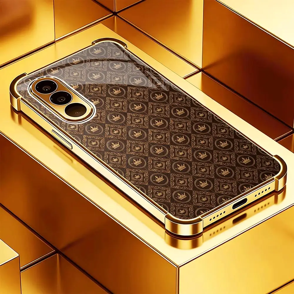 Vintage Crown Grid Electroplated Glass TPU PhoneCase for Samsung Galaxy S26 S25 S24 S23 S22 S21 FE,Ultra,Plus Dropresistant