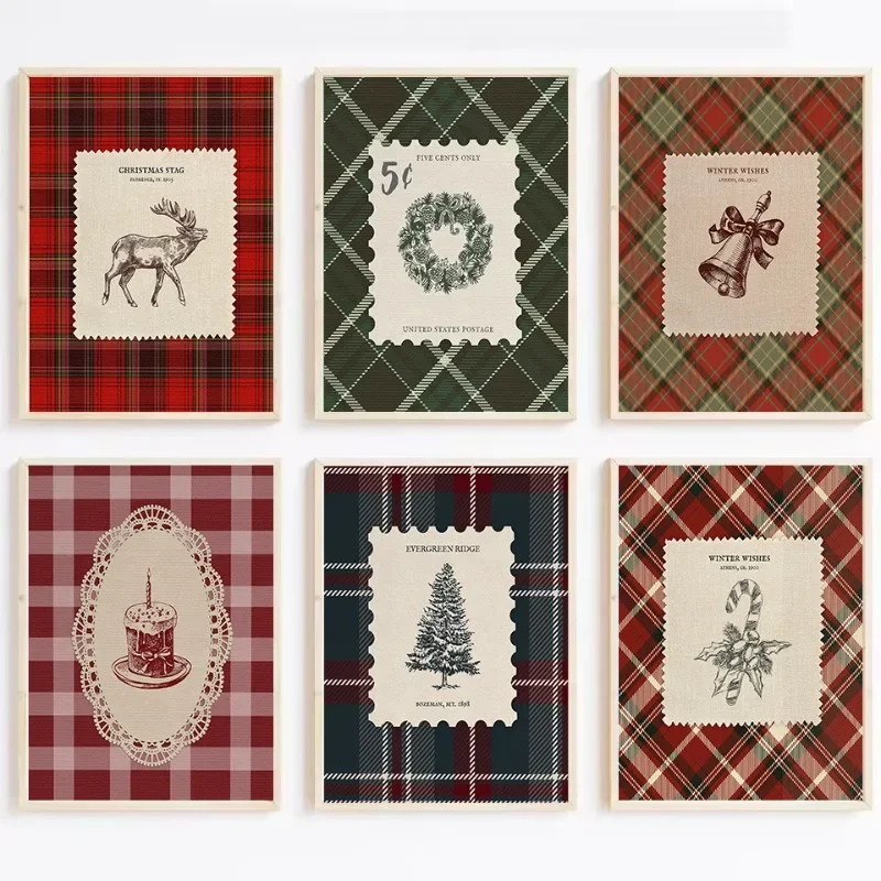 1pc frameless Canvas painting Vintage Christmas Bells Winter Wreath Candy Pine Tree Bow Aesthetic Poster Canvas Painting Wall Pi