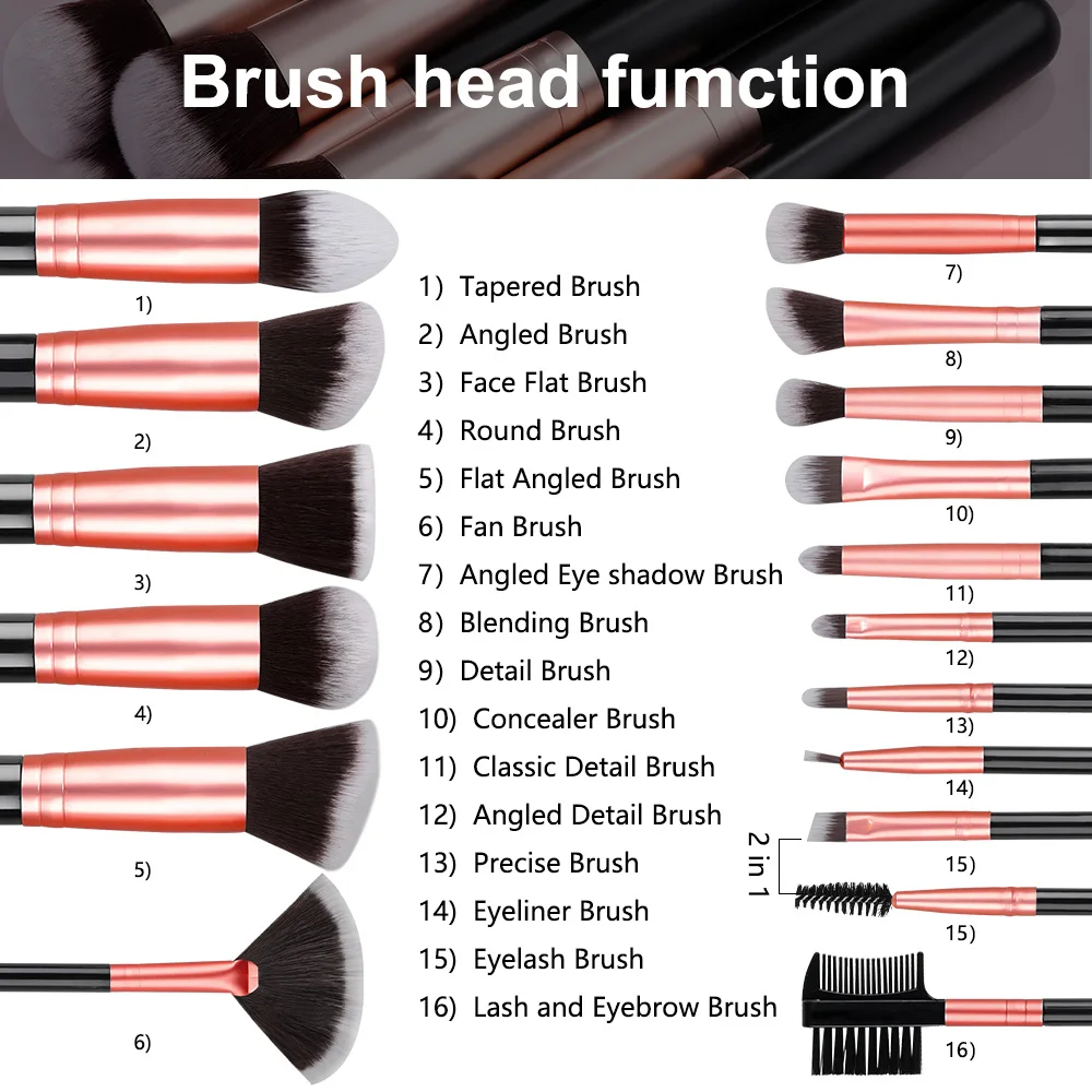 Set di pennelli per trucco professionale da 16 pezzi, ombretto sintetico premium, fondotinta modellante, impostazione per evidenziare, miscelazione di eyeliner in polvere
