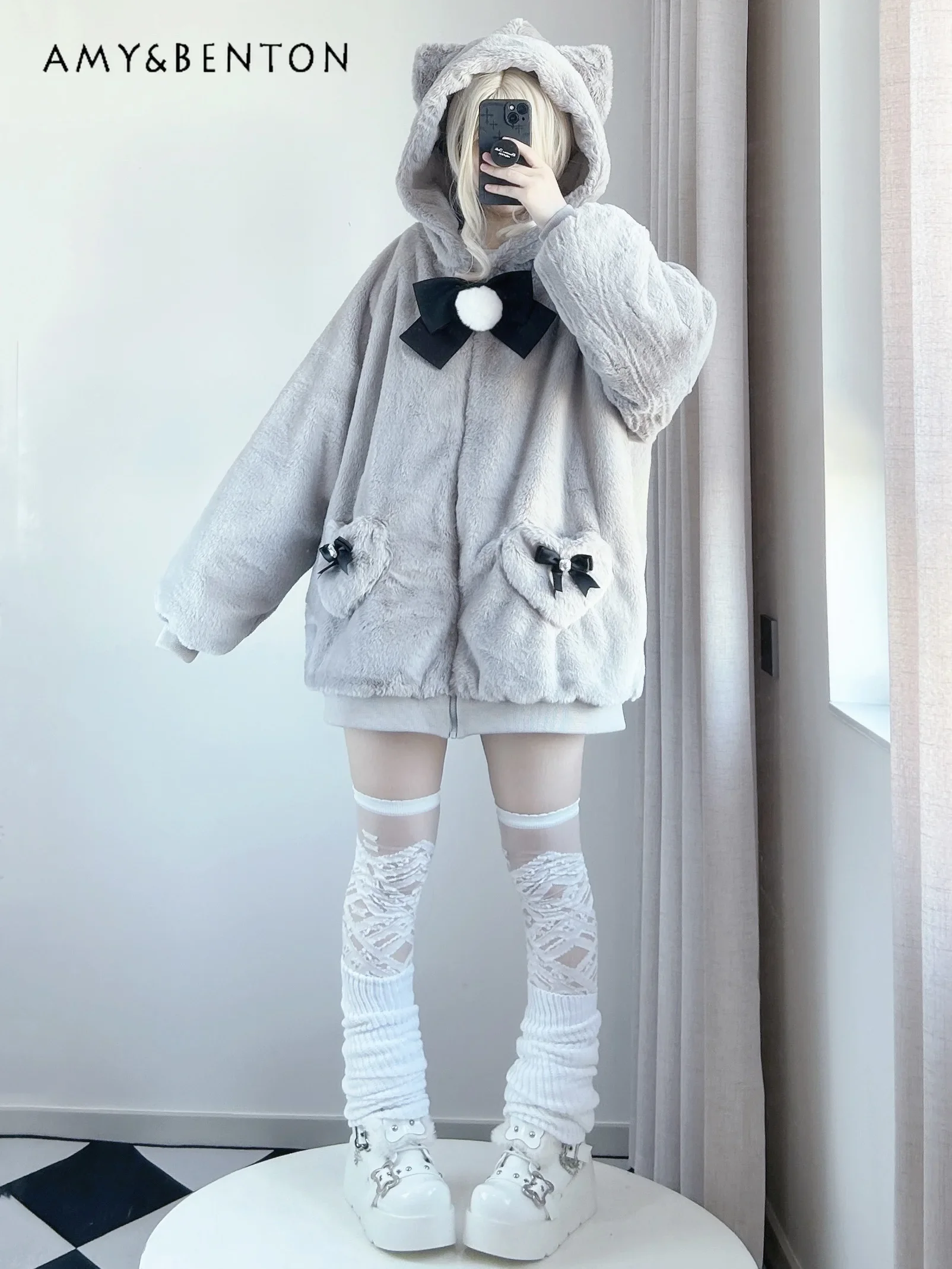 Kawaii Cute Cat Ear Hooded Zipper Plush Jacket Japanese Mass-produced Mine Slim Winter Clothes Women Sweet Bow Oversized Jackets