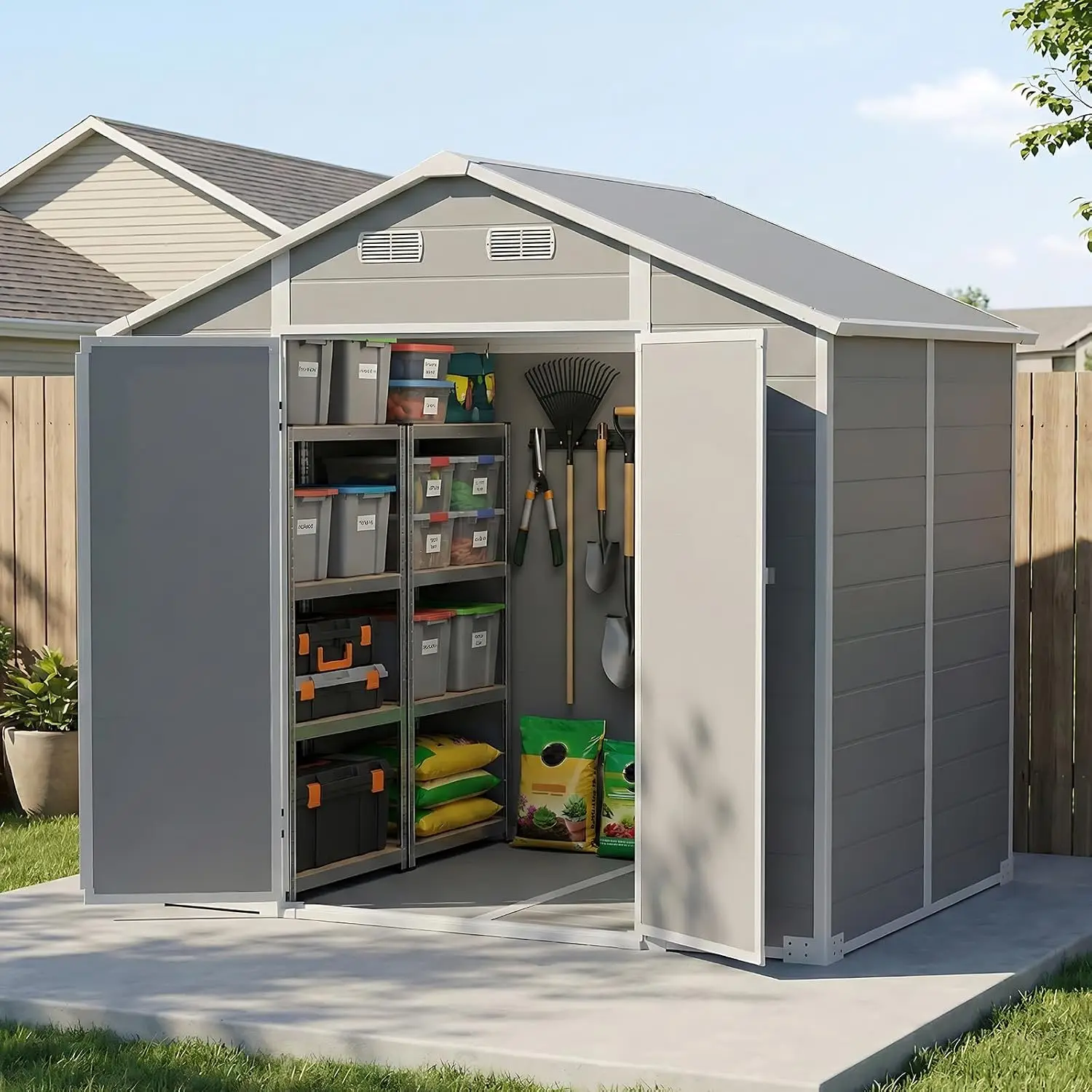 Outdoor Storage Shed with Floor Window Vents Lockable Door Ramp Waterproof Resin Tool Shed for Patio Garden, Customized