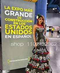 Black White History Mexican Mermaid Evening Formal Dress for Women Lace Applique Embroidery Prom Gown la catrina andante