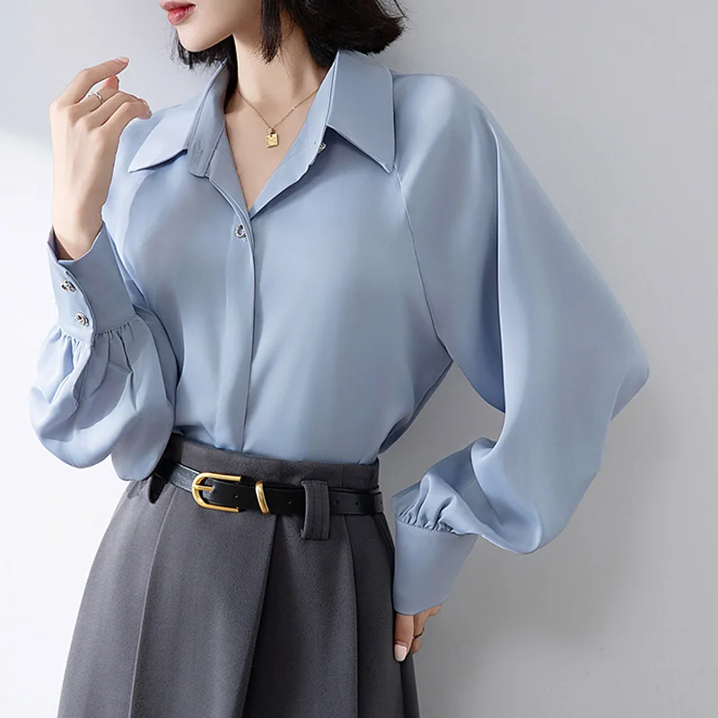 

2025 Office Ladies Work Shirts Women Blouses Spring/Summer Fashion Lantern Long Sleeve Blue White Suit Shirts