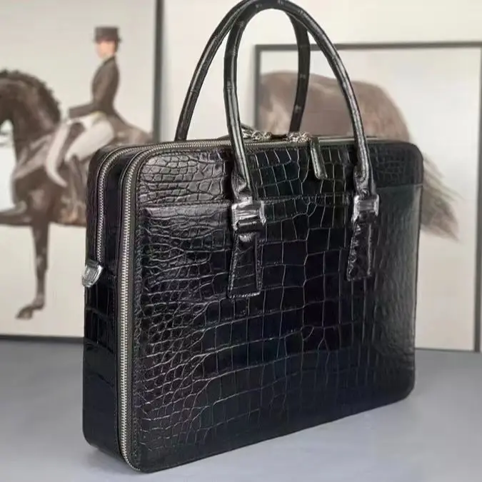 2023 New Luxury Crocodile Skin Men\'s Briefcase Genuine Leather Business Office Bag Large Capacity Double Zipper Briefcase 45