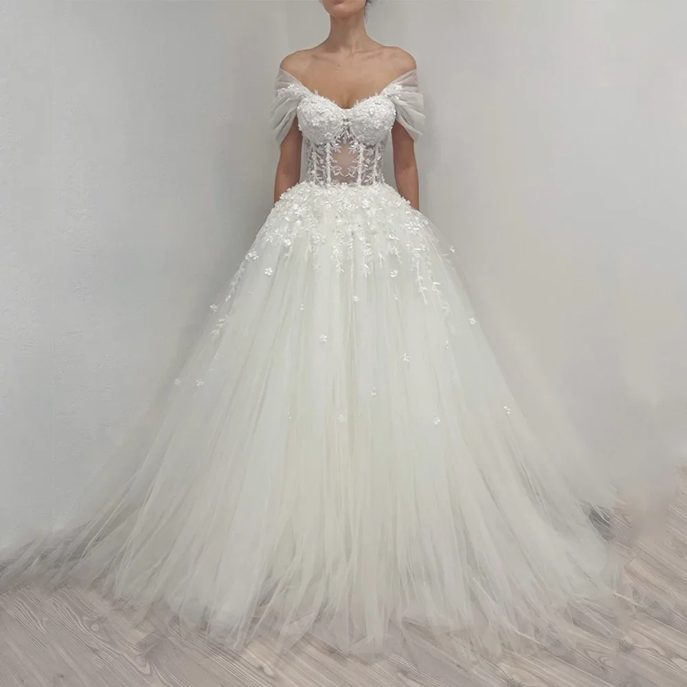 Flavinke personnalisé charmante robes De mariée Sexy hors De l'épaule chérie Appliqe Tulle une ligne robe De Noiva robe De mariée