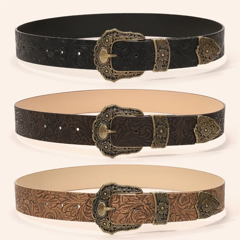 European  American-Style Edgy Textured Niche Pin-Buckle Wide Belt Everyday Printed Wide Leather Belt for Men and Women