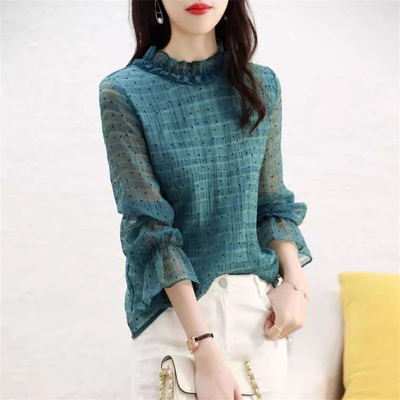 Autumn Winter Fleece Elegant Sweet Chic Fashion Ruffled Blouse Shirt Women Casual Loose Polka Dot Print Long Sleeve Ladies Tops