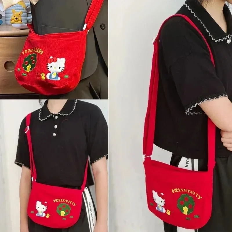 Sanrio Hello Kitty Shoulder Bag Kawaii Female Corduroy Retro Messenger Bag Fashion Cute Messenger Bag Casual Fashion Handbag New